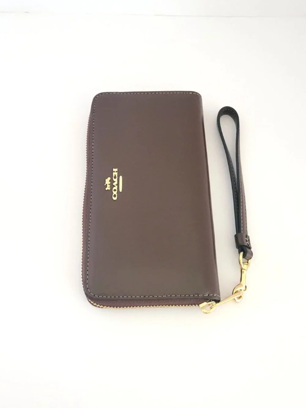 Coach CEC19 Long Zip Around Crinkle Shiny Leather Wallet Wristlet Maple